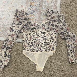 Free People Cream Floral Ruffle Long-Sleeve Bodysuit